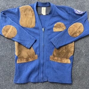 Vintage Bob Allen Gun Club Sweater Mens 44 Blue Shooting Zip Front Suede Patches